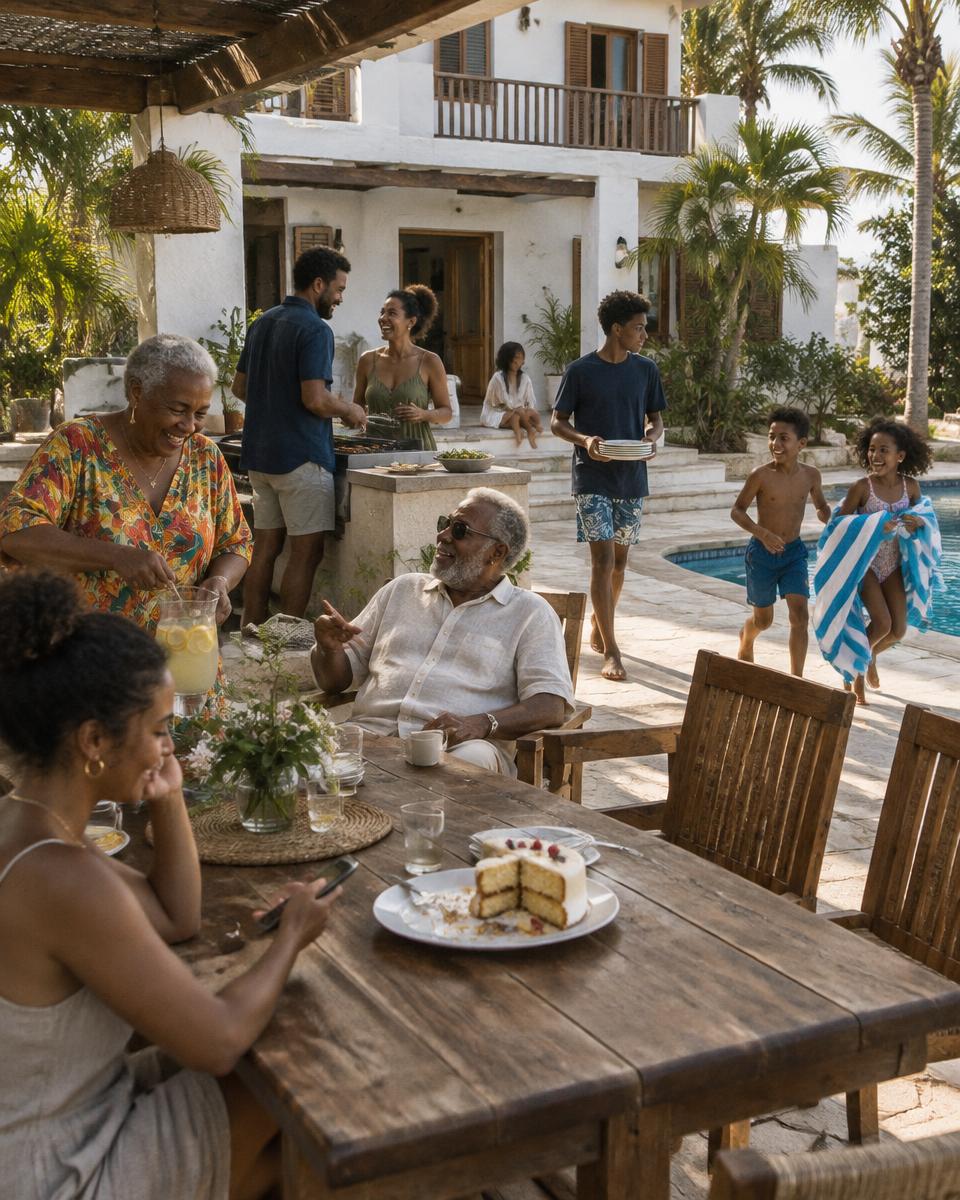 A multigenerational family on vacation at a rental home — grandparents on the patio, parents grilling, kids chasing each other past the table