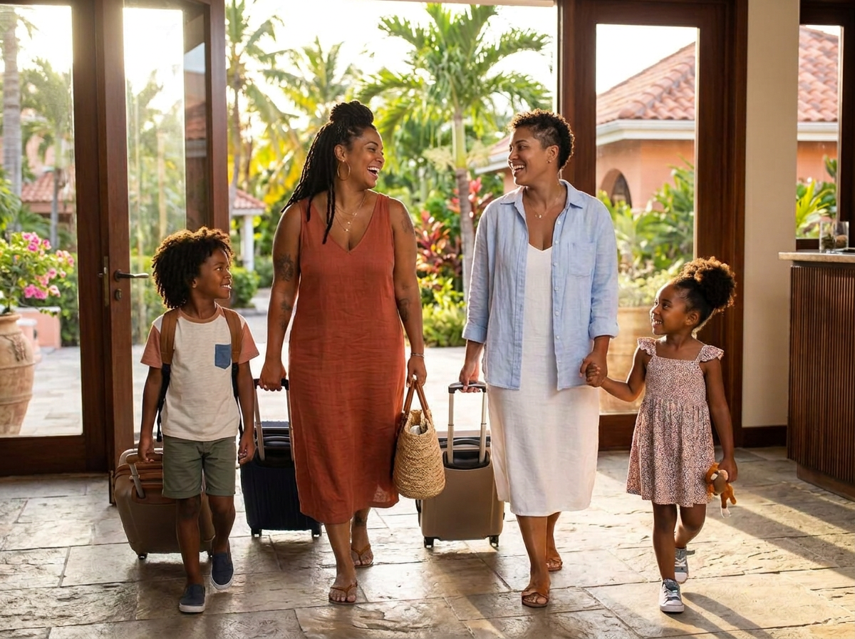Two moms and their children arriving at a hotel with their luggage
