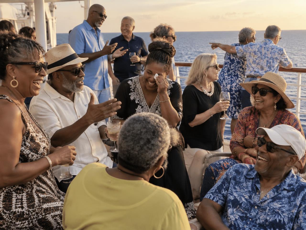 A group of older friends laughing and chatting together on the sunlit deck of a cruise ship