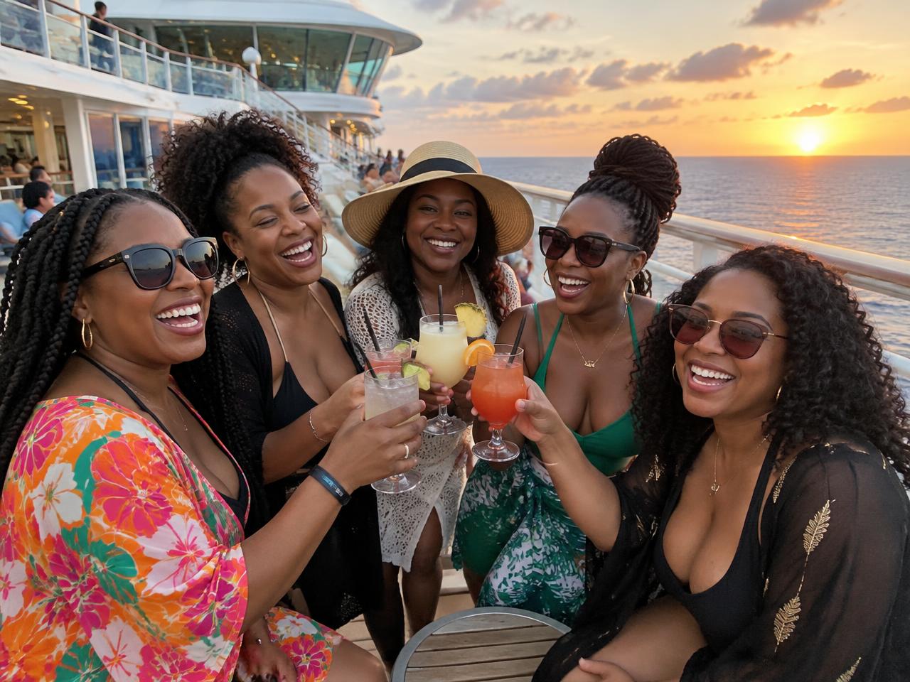 Friends toasting on a cruise deck at sunset