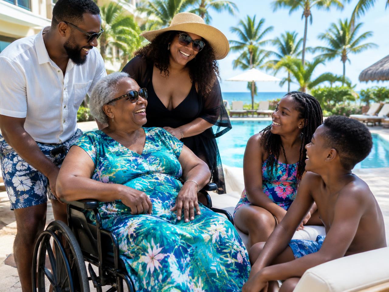 Three generations of a family, including a grandmother in a wheelchair, relaxing together beside a resort pool