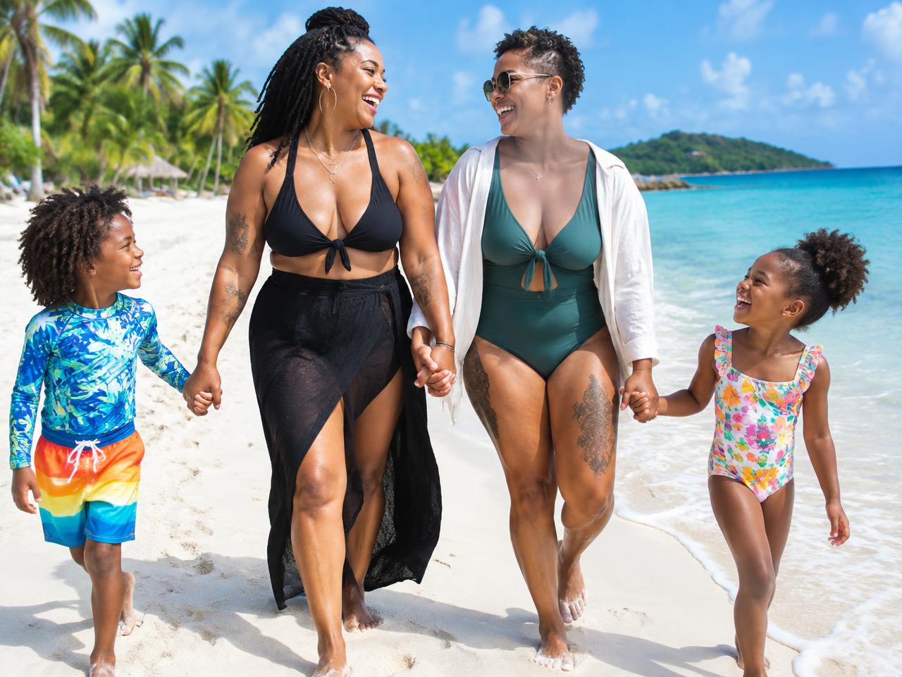 A family walking together along a tropical beach
